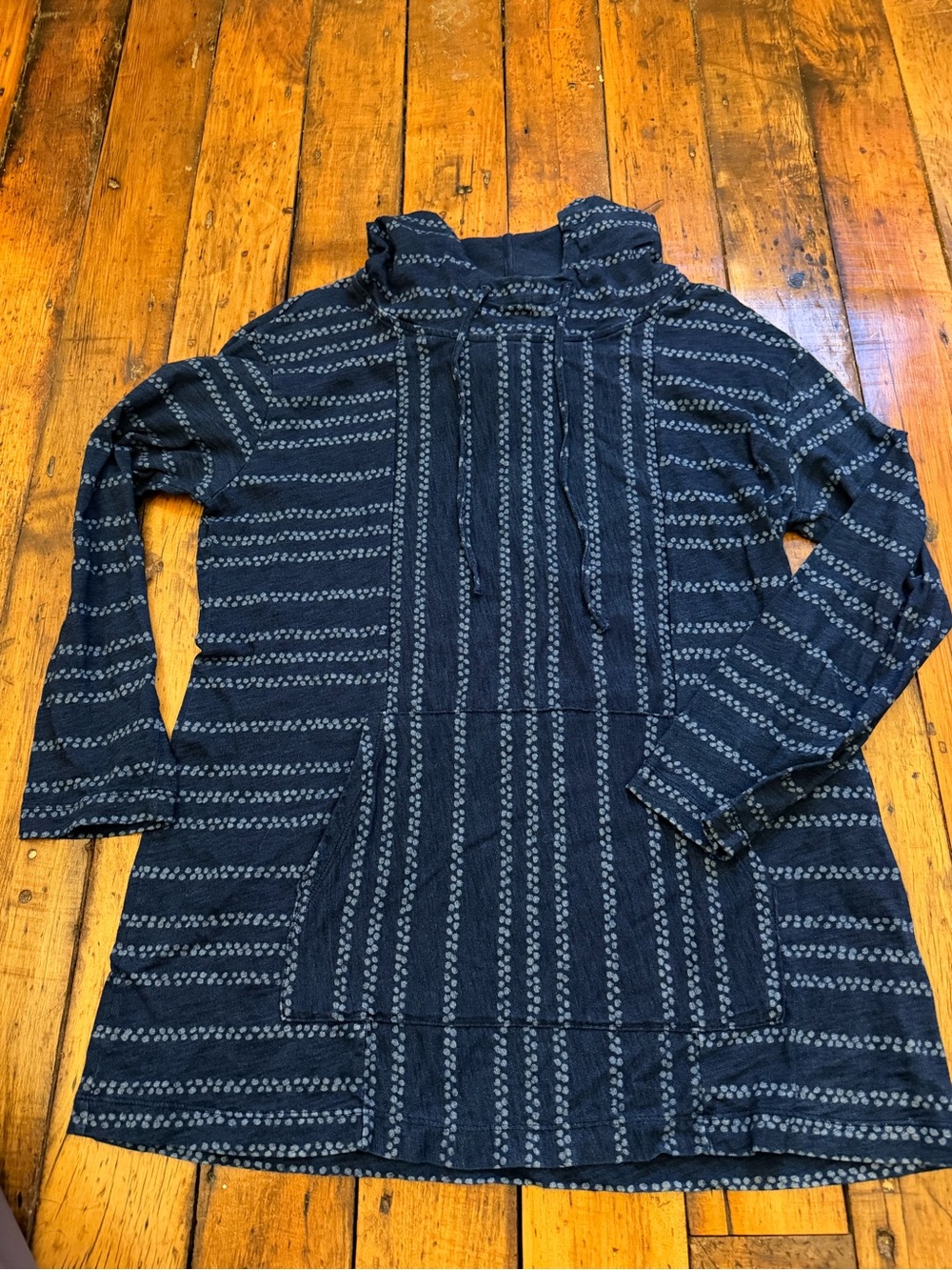 Pure Jill Women’s Navy Patterned Lightweight Hooded tunic w kangaroo pocket